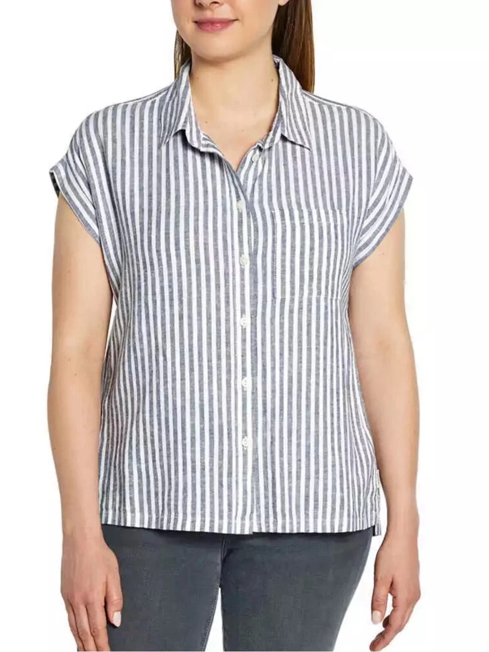 ORVIS Womens Striped Linen Blend Button Up Top Size Large Blue White Coastal